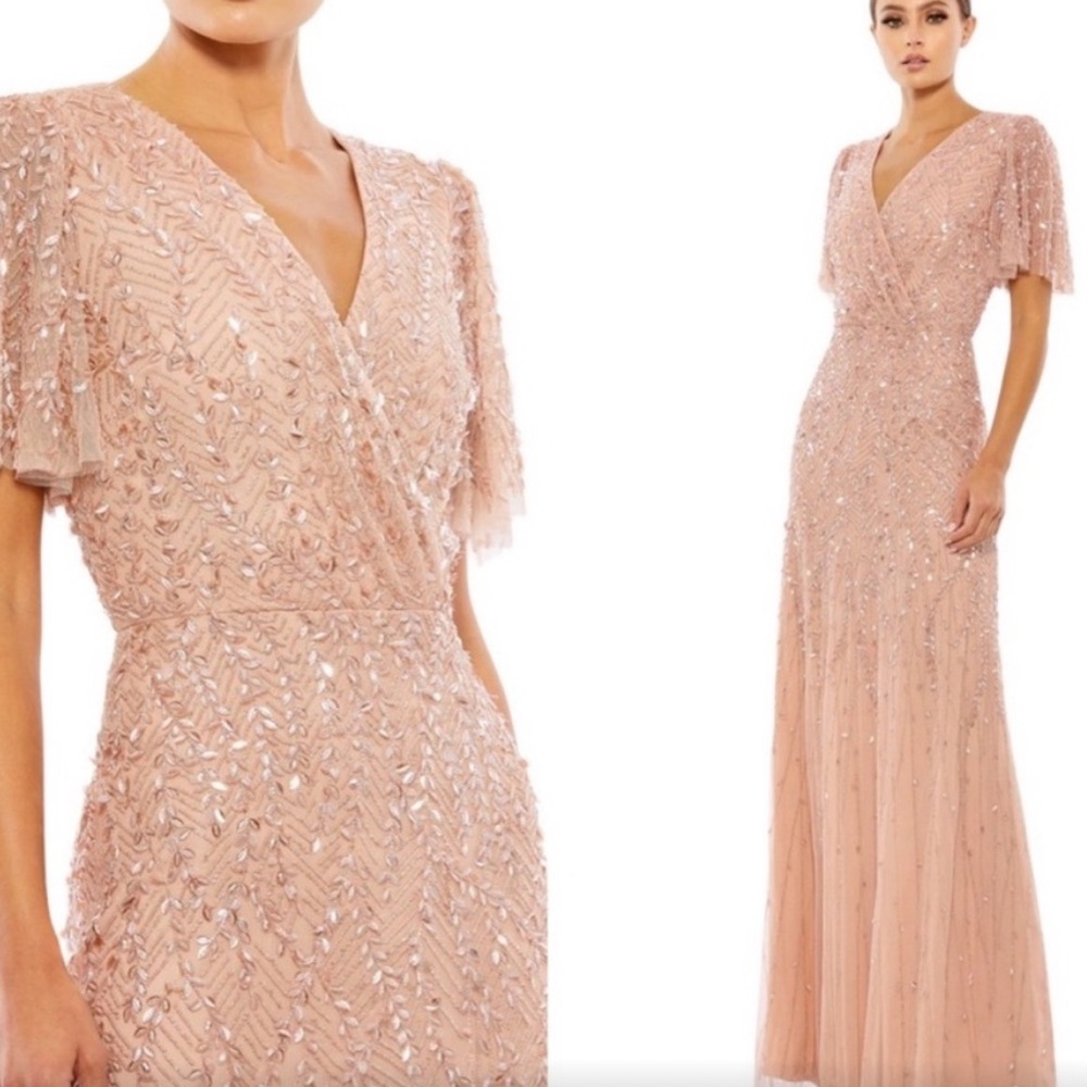 Mac Duggal 35109 Nude Beaded Embellished Flutter Sleeve Dress Size 12